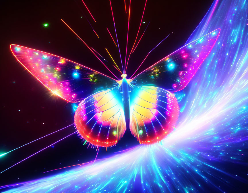 Colorful Neon Butterfly in Cosmic Background