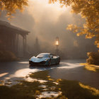 Sports car driving on forest road with autumn sunlight filtering through leaves