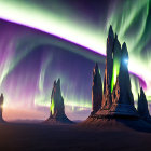 Majestic aurora borealis above desert rock formations