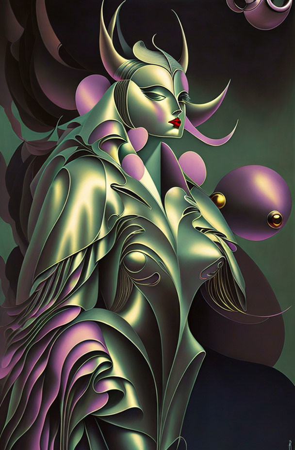 Fantastical female figure with horns in metallic green tones