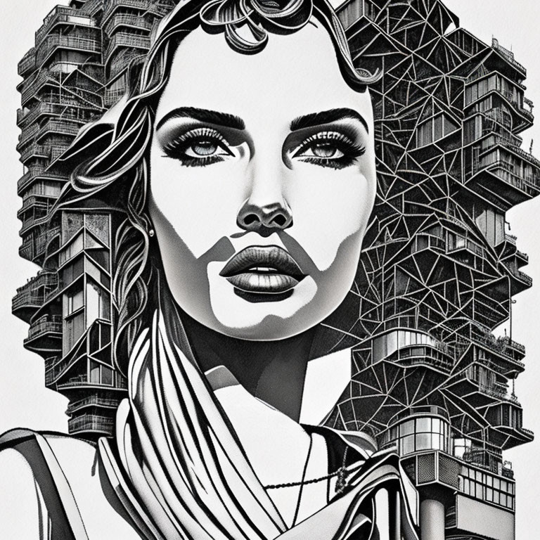 Monochrome artwork blending woman's face with geometric buildings.