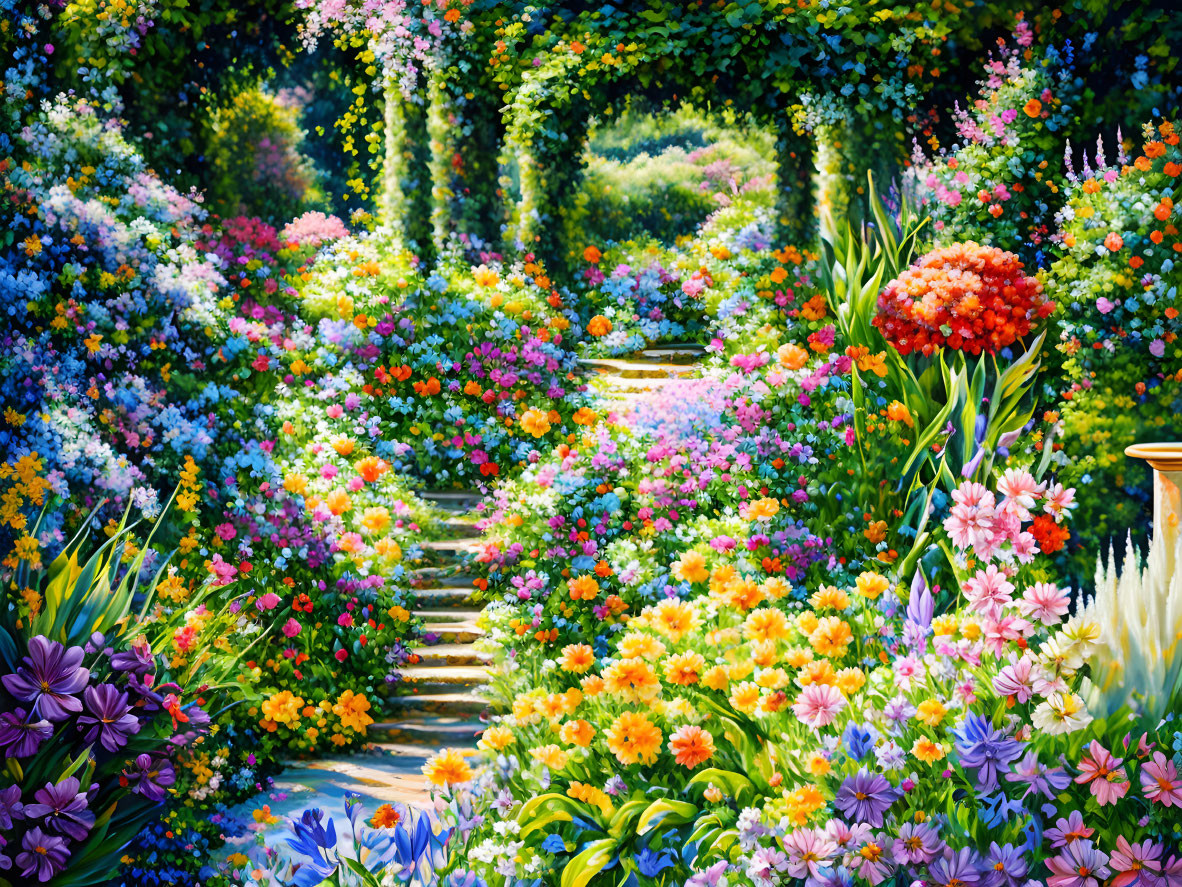 Colorful Flower Garden Path with Blooming Archways & Stone Staircase