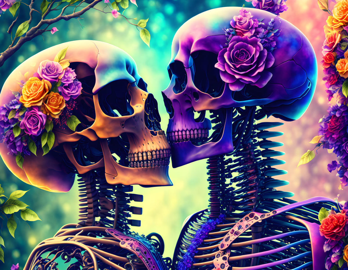 Colorful human skull art with roses and foliage backdrop