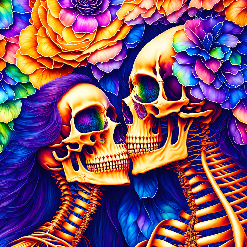 Colorful artwork: Two skulls amid neon flowers and skeletal elements