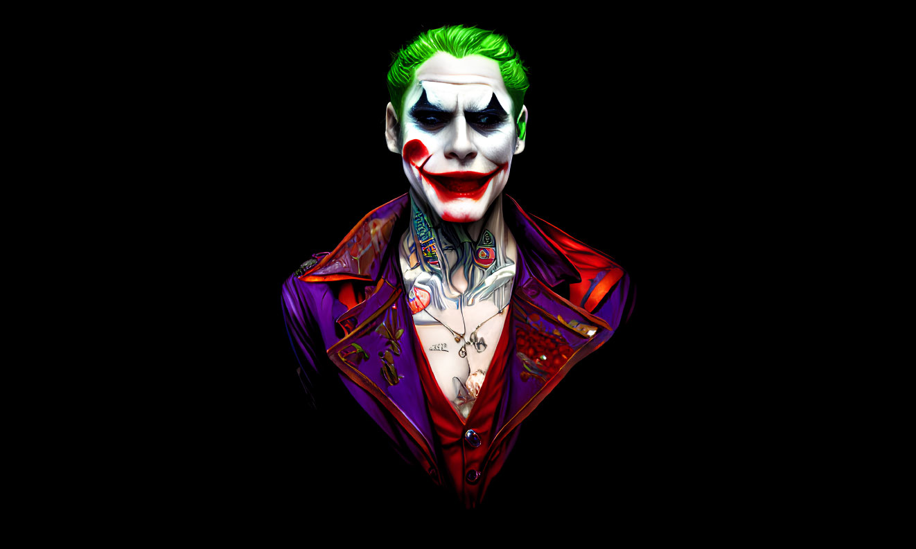 Vibrant Joker Illustration: Green Hair, White Face Paint, Red Lips