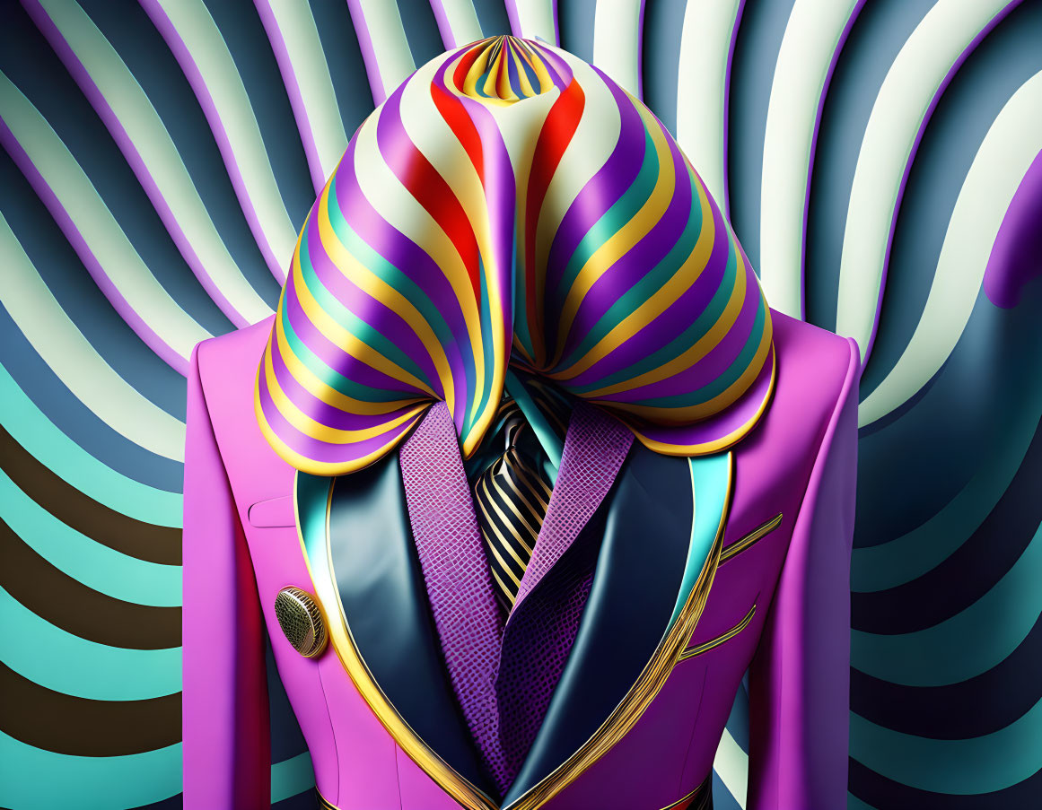 Colorful Figure in Pink Suit with Swirling Headpiece on Hypnotic Background