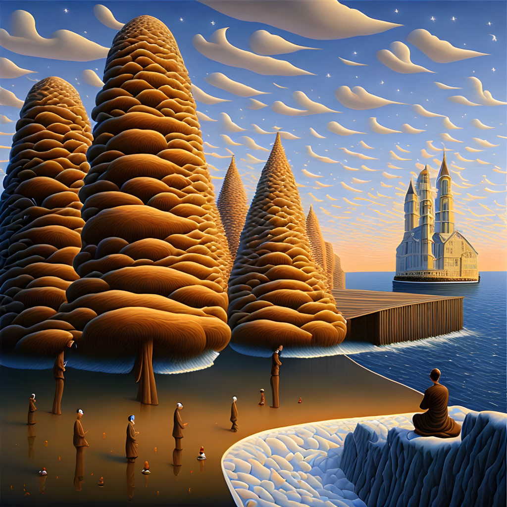 Surreal landscape with beehive-like trees, torch-holding figures, cliff, cathedral on