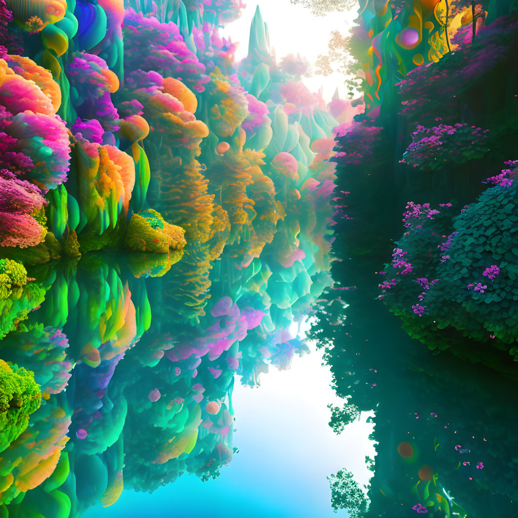 Colorful Fantasy Landscape with Alien-Like Flora Reflected in Calm Waters