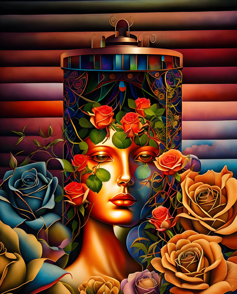 Surreal illustration of face with lantern head and roses on colorful background