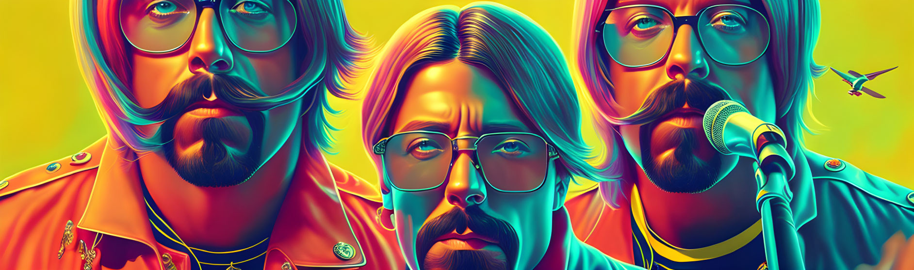 Colorful Psychedelic Portrait of Mustached Man in Neon Hues