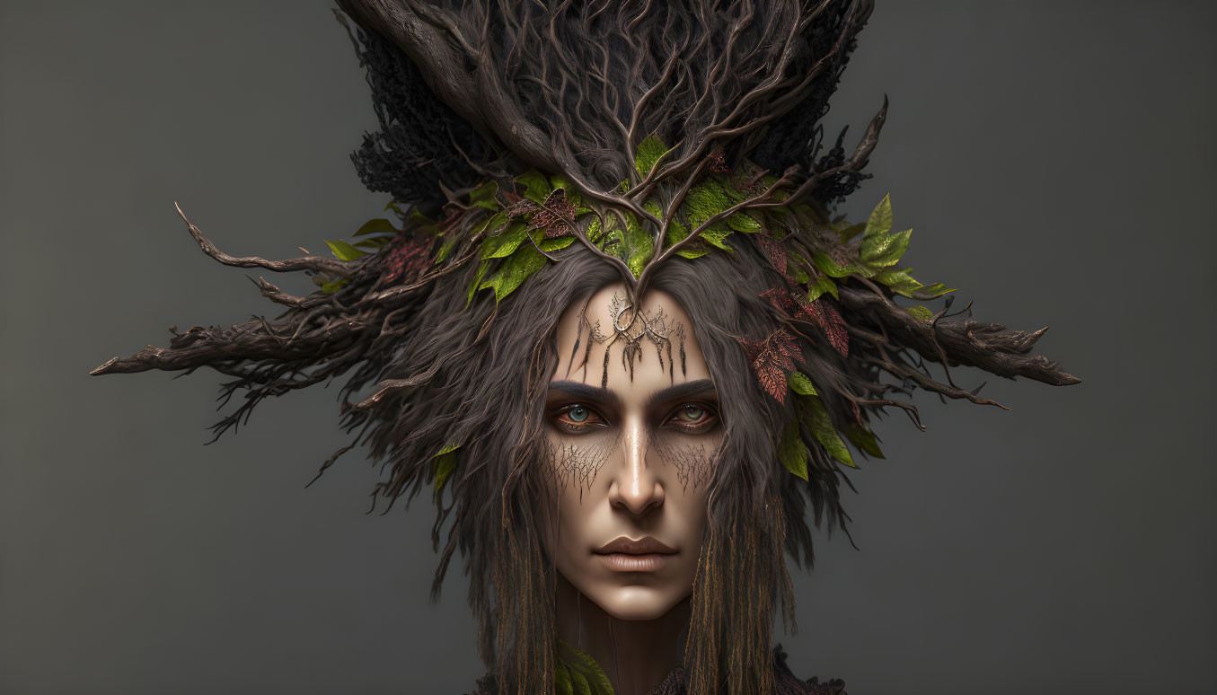 Person with Elaborate Twig Headdress and Intricate Facial Markings