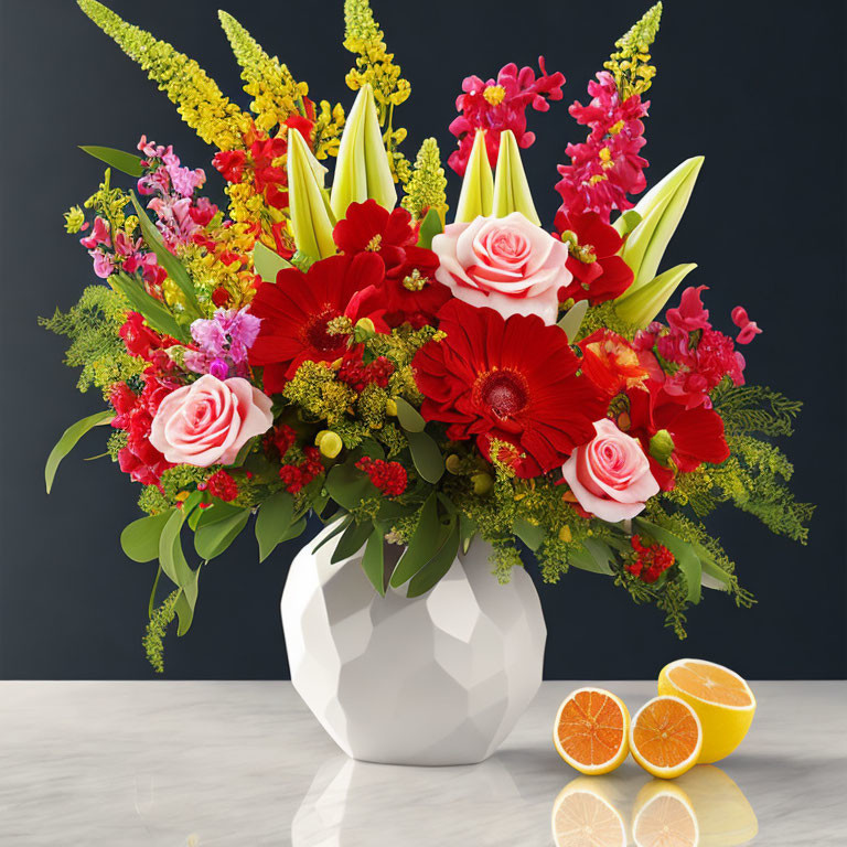 Colorful Flower Bouquet in White Vase with Halved Oranges on Marble Surface