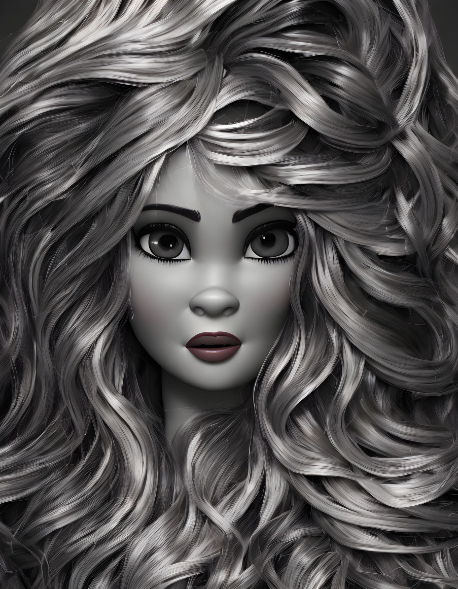 Grayscale doll image with wavy hair and detailed features