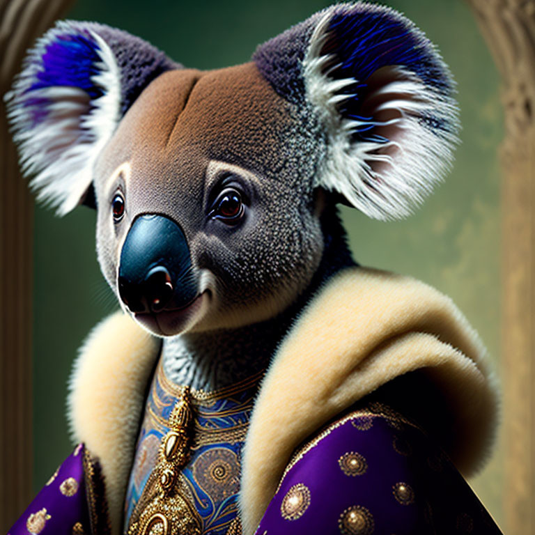 Regal Koala Portrait in Purple Cloak on Classic Background