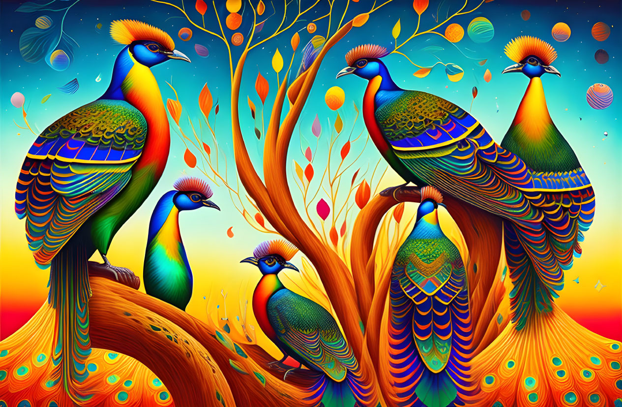 Colorful digital artwork: Four peacocks in mystical tree