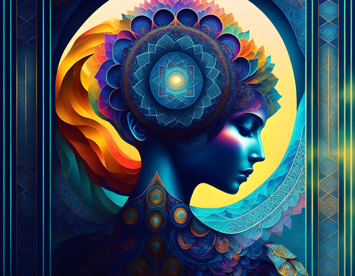 Colorful Digital Art: Serene Woman Profile with Mandala Halo & Peacock Feather Patterns