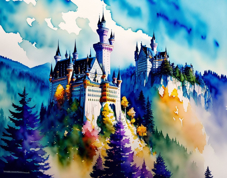 Colorful watercolor painting: Fairy tale castle on cliff in autumn forest.