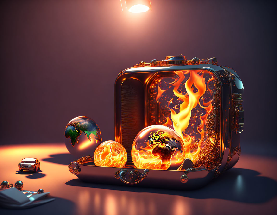 Surreal image: fiery portal, burning globes, suitcase, car key, smartphone