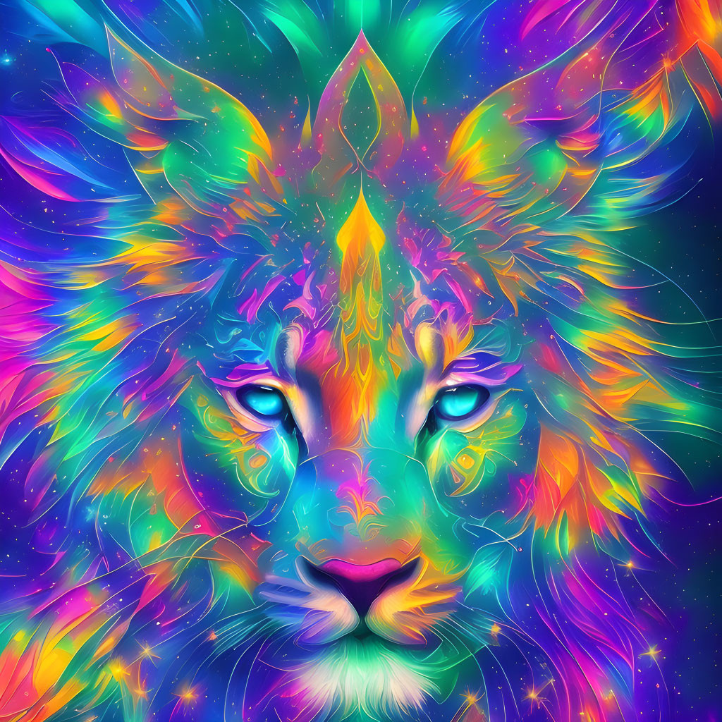 Colorful Lion Digital Art: Psychedelic Mane & Starry Background