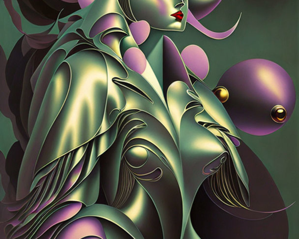 Fantastical female figure with horns in metallic green tones