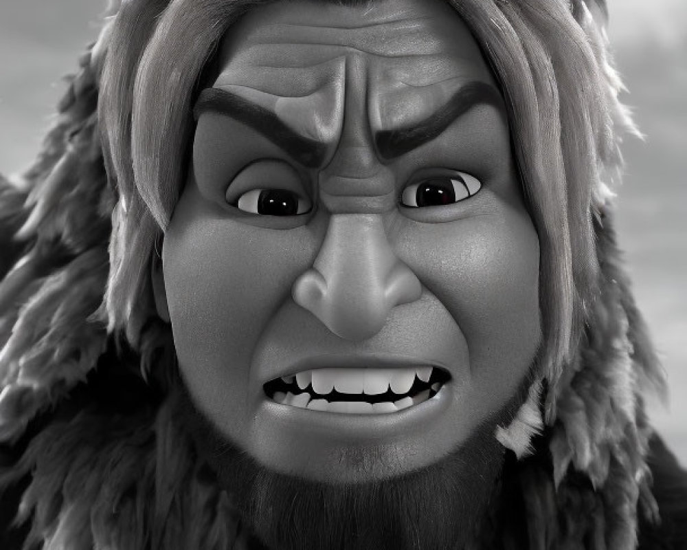 Grayscale cartoon character with stern, angry expression and furry attire.