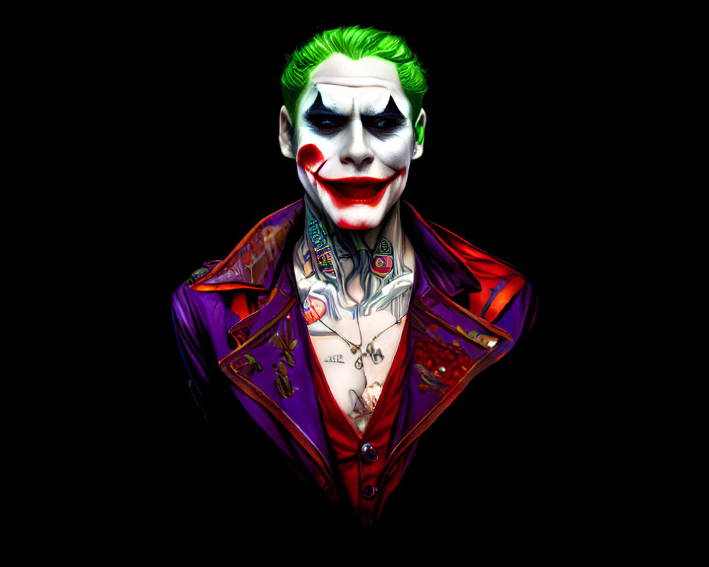 Vibrant Joker Illustration: Green Hair, White Face Paint, Red Lips