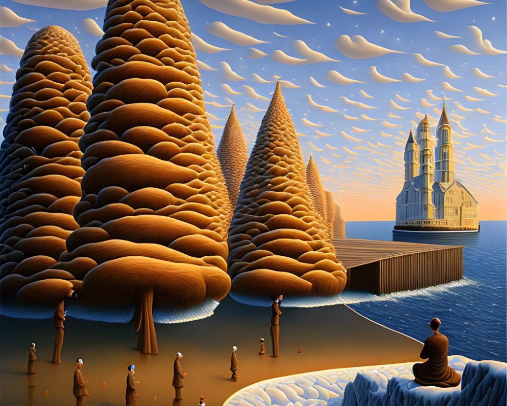 Surreal landscape with beehive-like trees, torch-holding figures, cliff, cathedral on