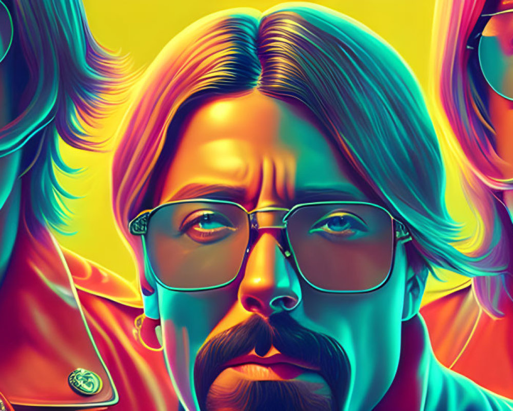 Colorful Psychedelic Portrait of Mustached Man in Neon Hues