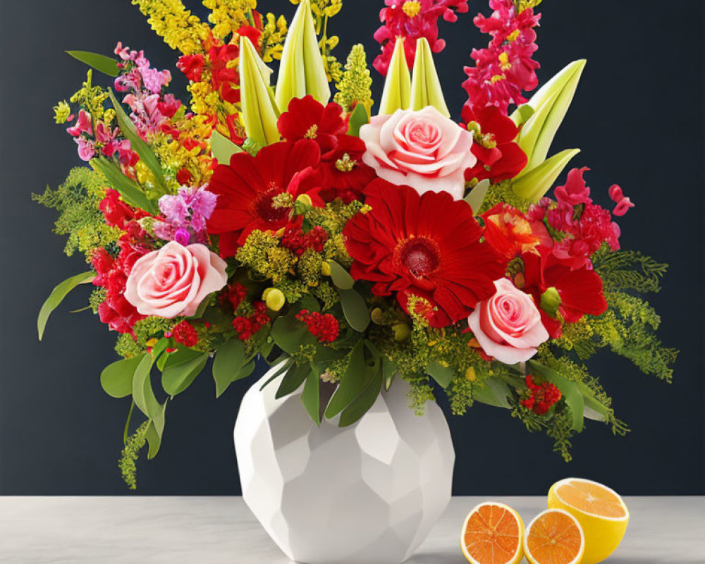 Colorful Flower Bouquet in White Vase with Halved Oranges on Marble Surface