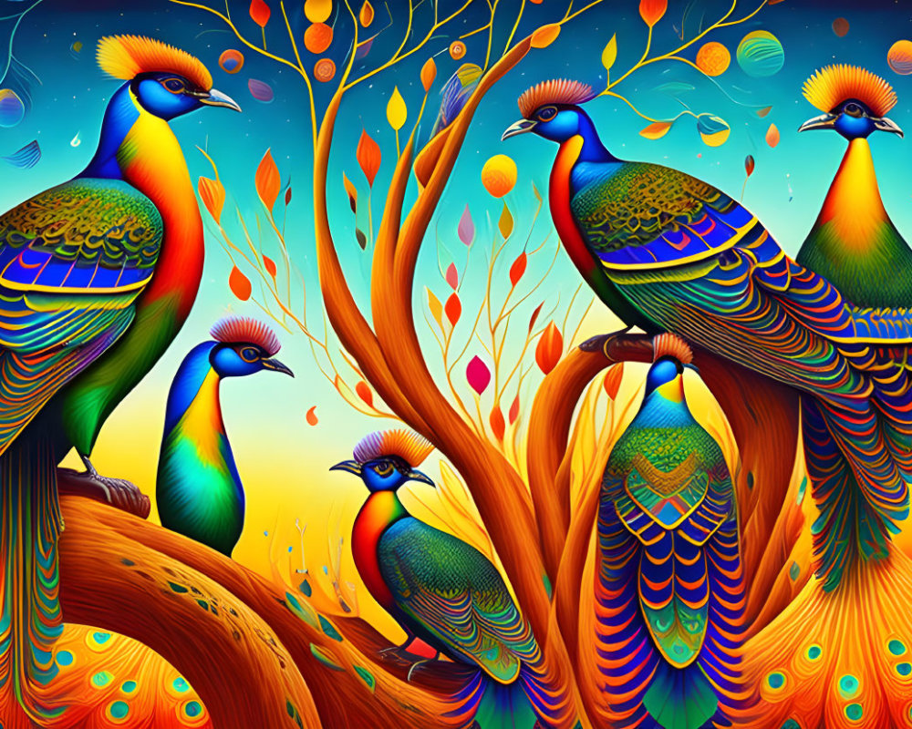 Colorful digital artwork: Four peacocks in mystical tree