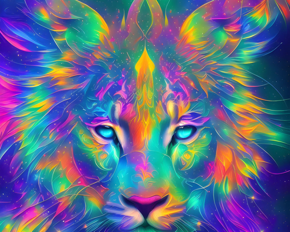 Colorful Lion Digital Art: Psychedelic Mane & Starry Background