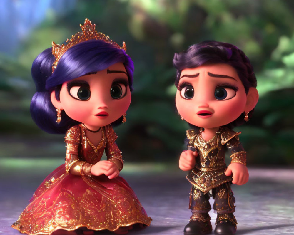 Animated princess and prince in traditional attire in mystical forest.