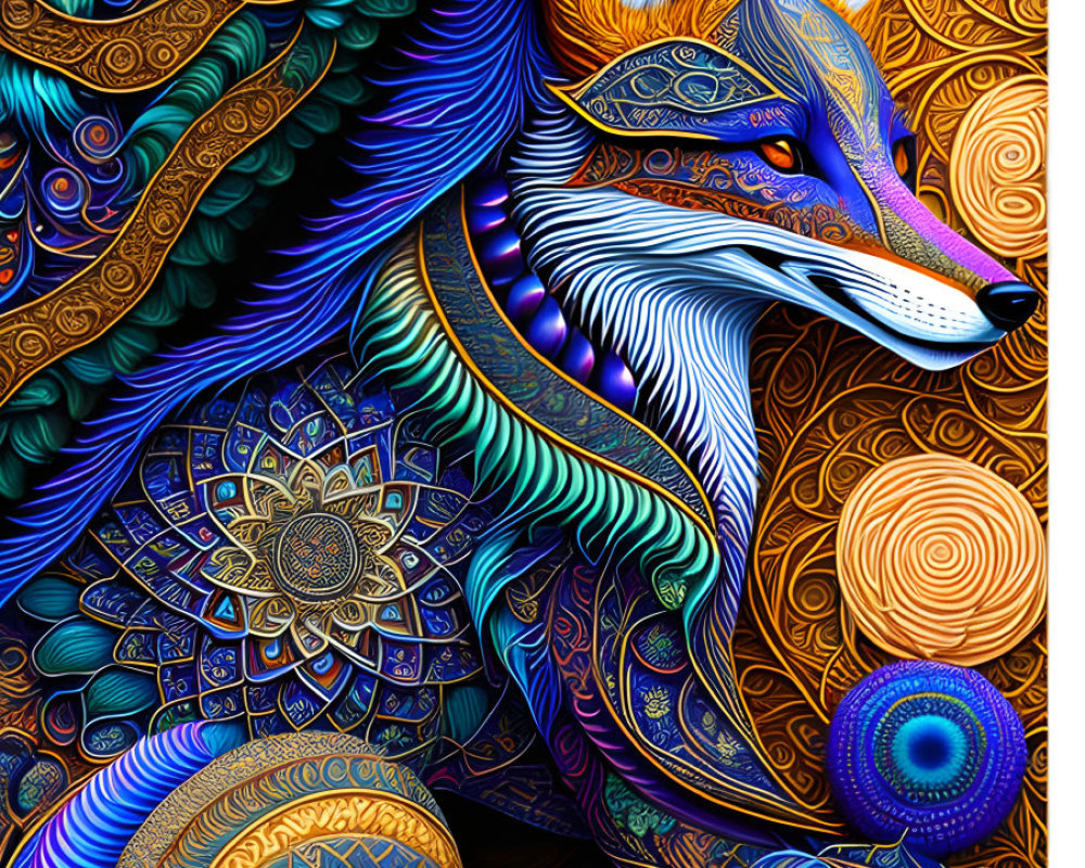 Colorful Fox Illustration with Mandala and Ornamental Patterns