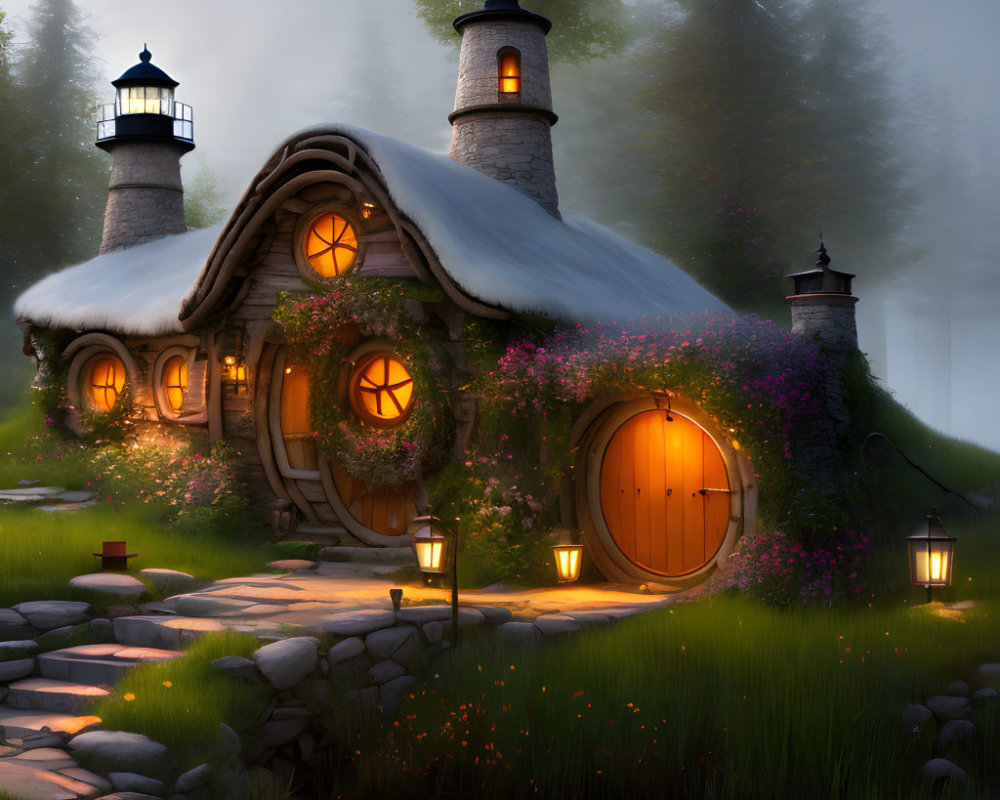 Thatched Roof Cottage with Twin Lighthouses in Misty Forest