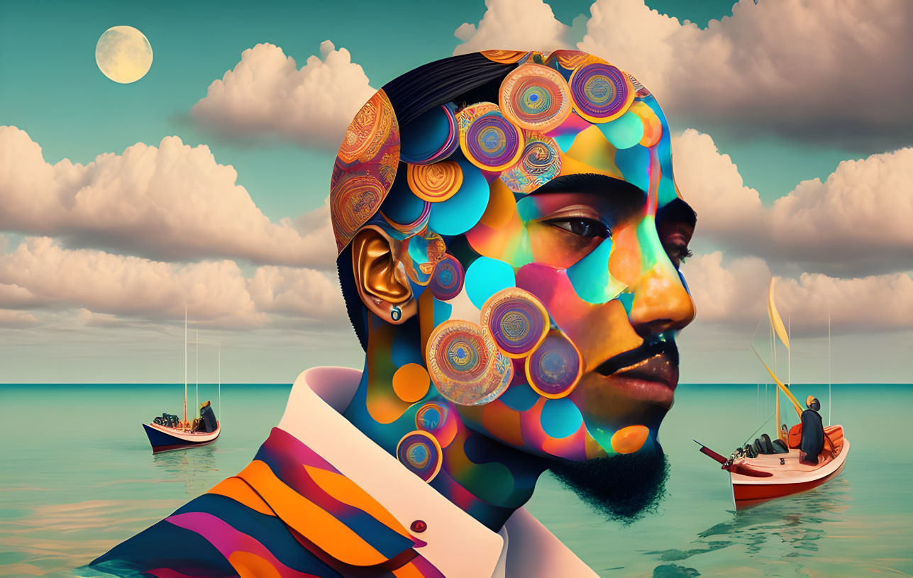 Colorful surreal portrait featuring man's mind with sea scene, boats, clouds, and moon.