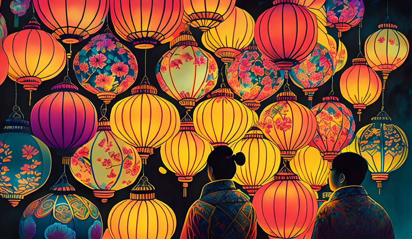 Traditional Chinese lanterns illuminate silhouetted figures in contemplation