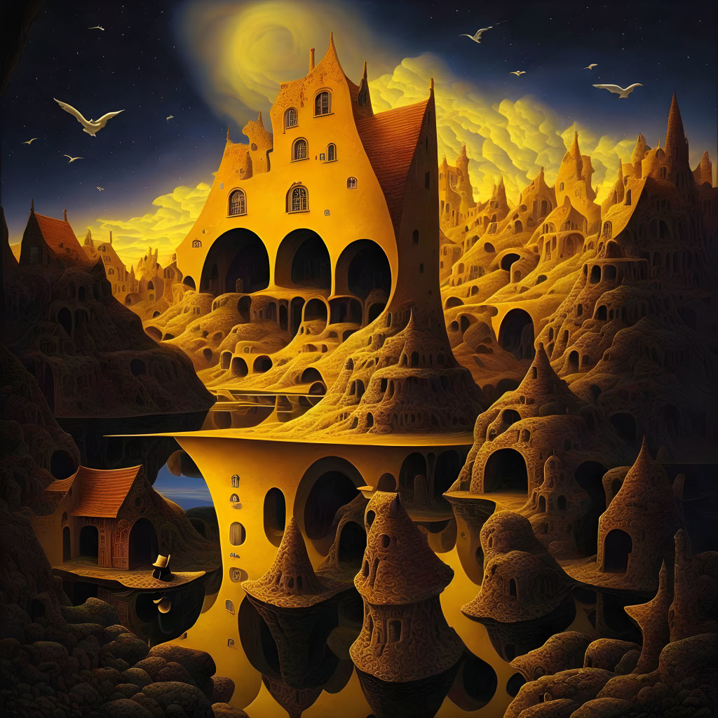 Fantasy night landscape with castle and cave-like structures under starry sky