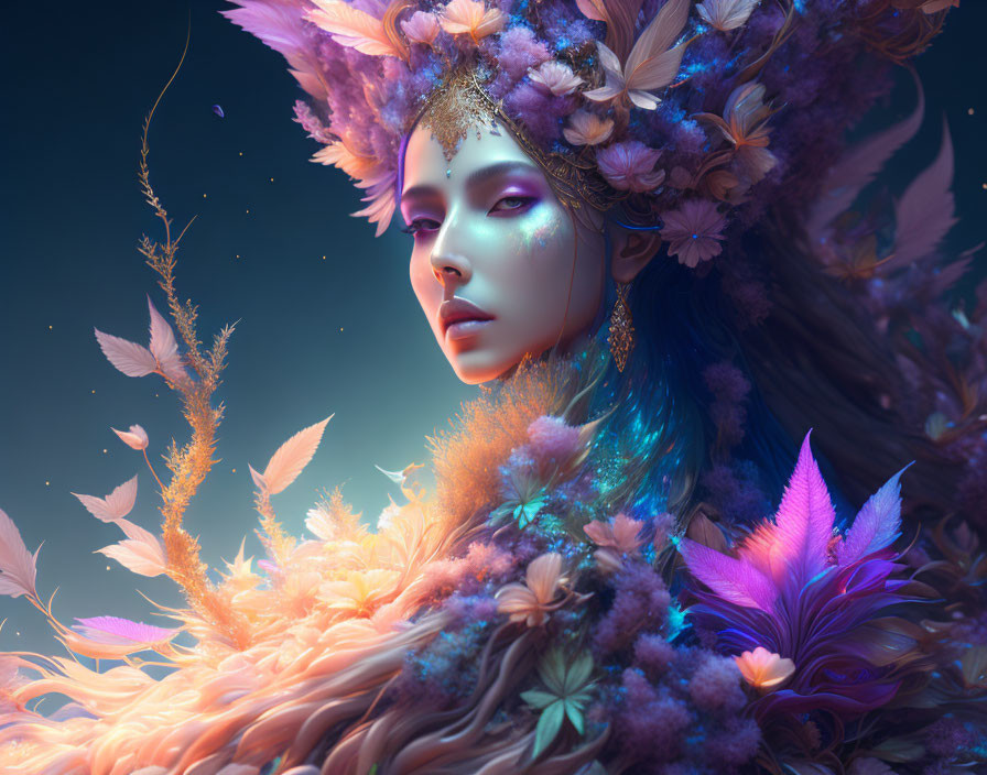 Blue-skinned mystical creature with floral, feathered crown under ethereal light