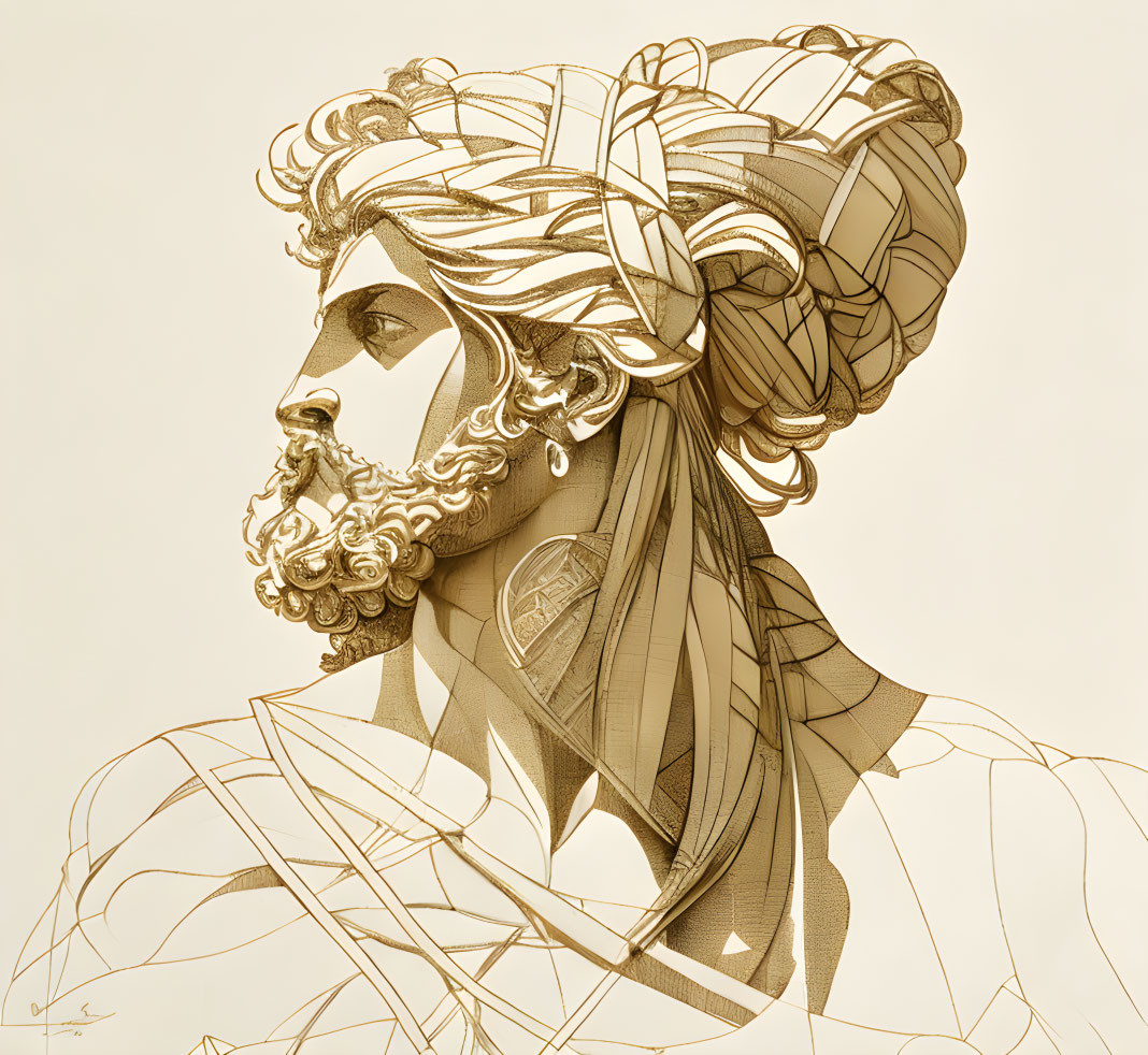 Classical Male Bust Illustration with Geometric and Linear Design on Beige Background