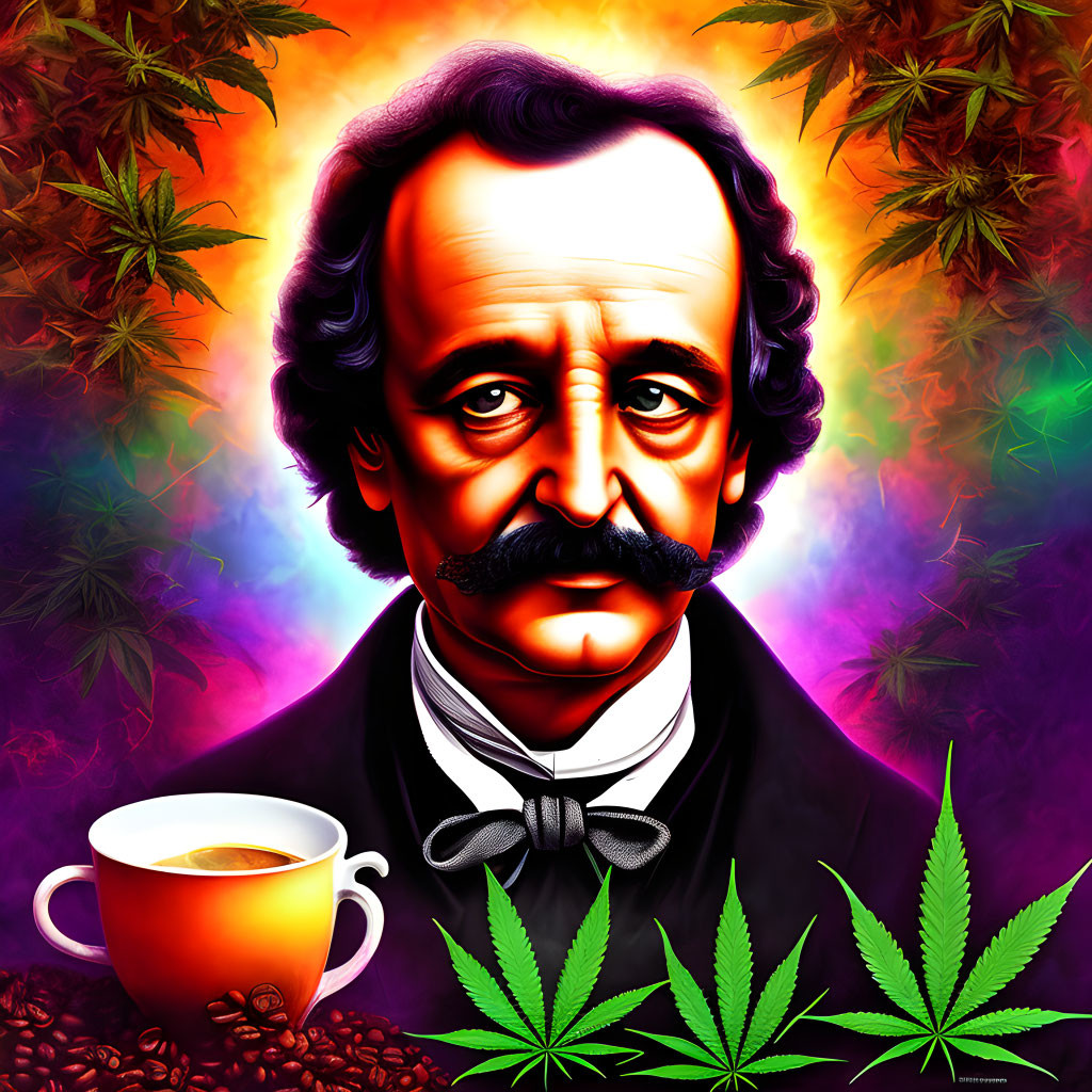 Edgar Allan Poe illustration with coffee cup, cannabis leaves, and fiery colors