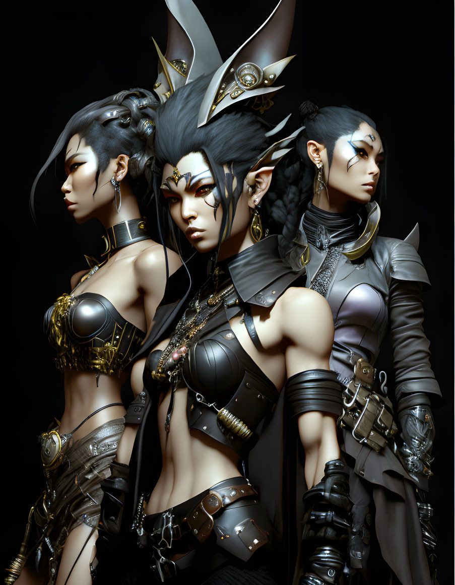 Three Female Warriors in Ornate Fantasy Armor Against Dark Background