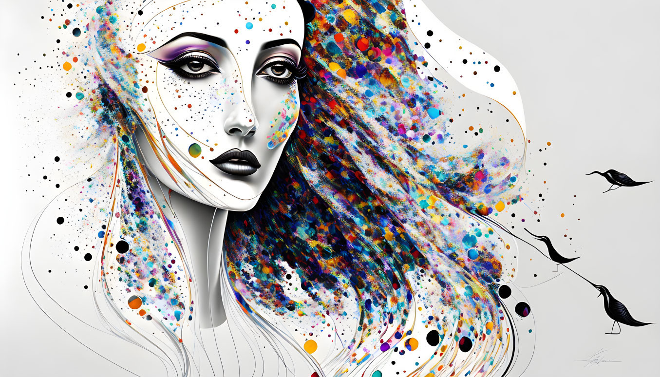 Vibrant abstract artwork: Woman's face, flowing hair, paint dots, birds.