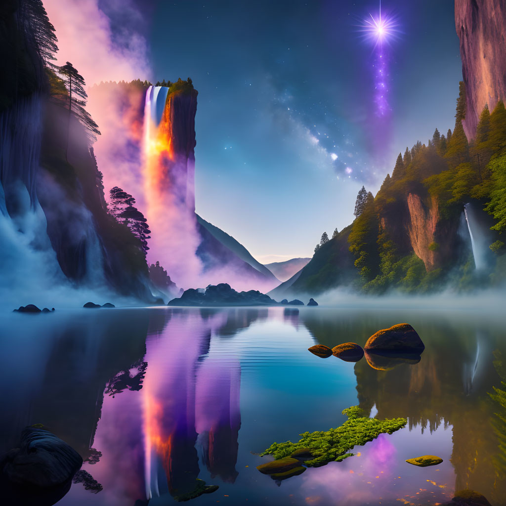 Surreal landscape with vibrant waterfall, serene lake, misty atmosphere, lush cliffs, under star