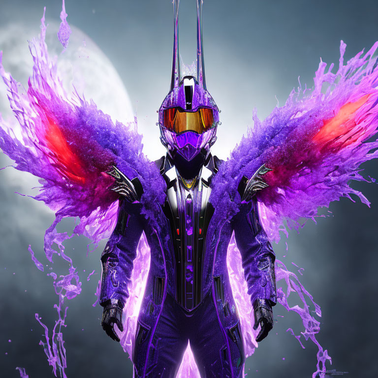 Armored figure with energy wings in futuristic setting