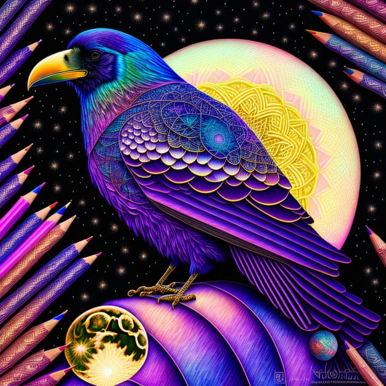 Illustration of stylized raven with intricate patterns on cosmic backdrop