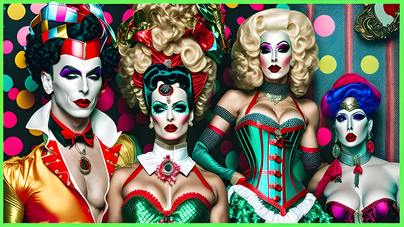 Four individuals in vibrant drag queen makeup and elaborate costumes on colorful backgrounds