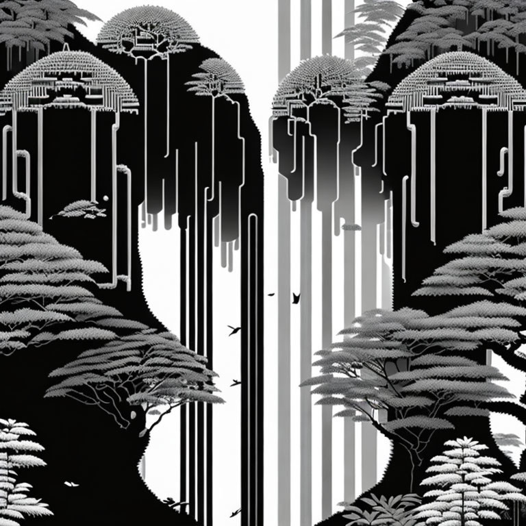 Monochrome optical illusion with mirrored nature scenes and vertical stripes.