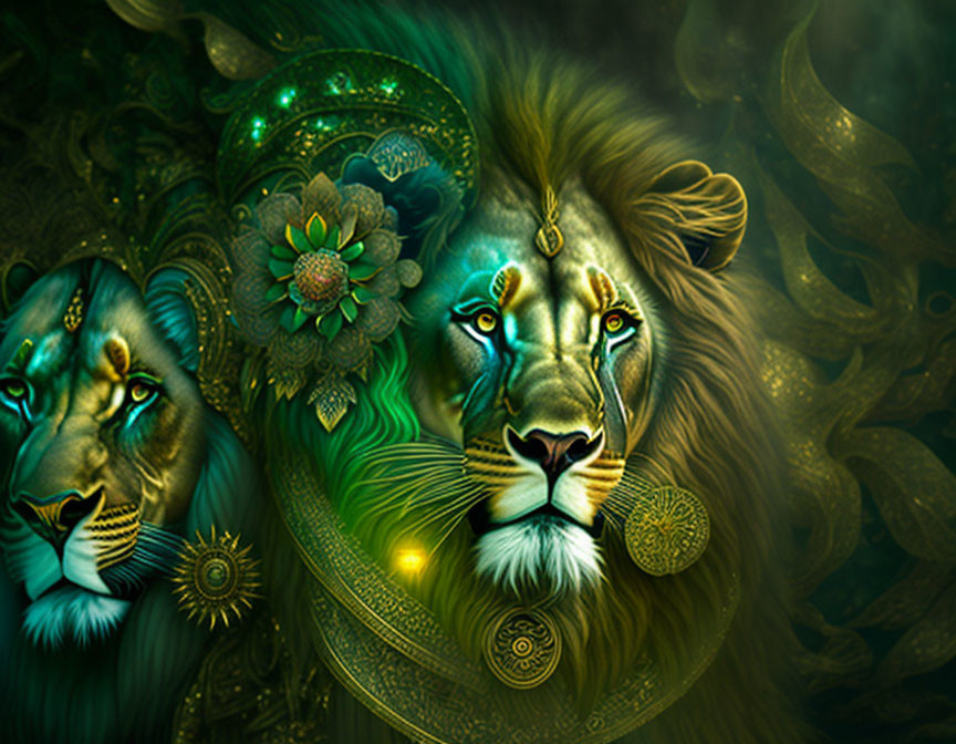 Digital illustration of majestic lions with golden decorations on green backdrop