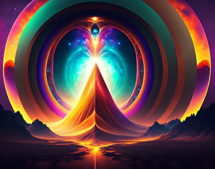 Colorful concentric circles portal above mountain peak in surreal landscape