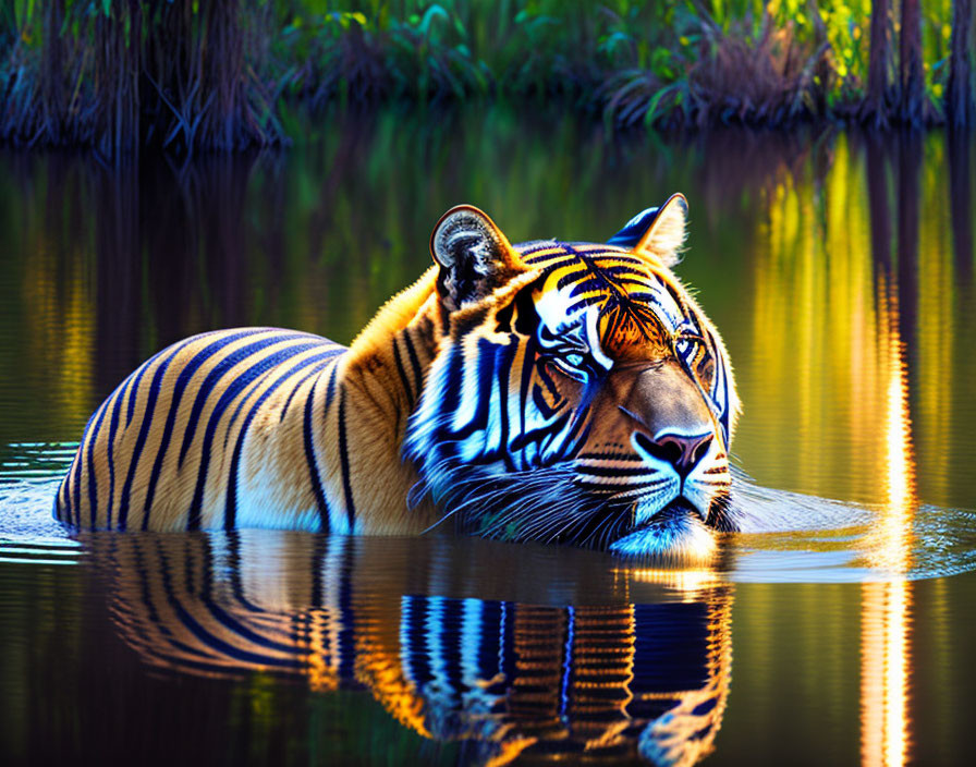 Majestic Tiger Swimming in Serene Green Landscape